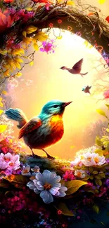 Colorful bird among vibrant flowers with a glowing sunset background.