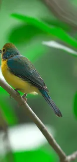 Vibrant bird perched on a branch among lush green leaves.