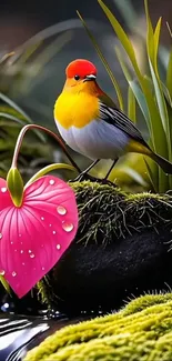 Vibrant bird and pink flower in lush greenery wallpaper.