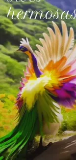 Colorful bird with rainbow feathers in lush green scenery.