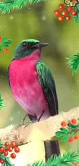 Vibrant bird with green and pink feathers on a festive, nature-themed wallpaper.