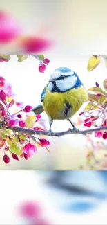 A colorful bird perched among vivid blooming flowers on a branch.