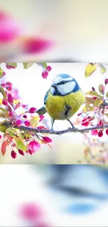 Bird sitting on a blossoming branch with vibrant colors.