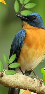 Vibrant bird perched with green leaves and caterpillar on branch.