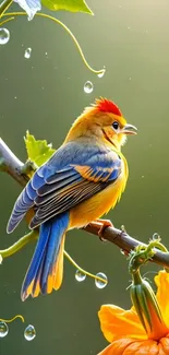 Colorful bird perched on leafy branch with dewdrops.