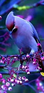 Colorful bird on flowery branch mobile wallpaper.