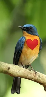 Colorful bird with heart shape on branch in nature.