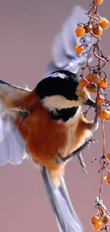 Colorful bird on a branch with berries in a vibrant scene.