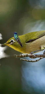 A colorful bird perched on a branch with soft white flowers in the background.