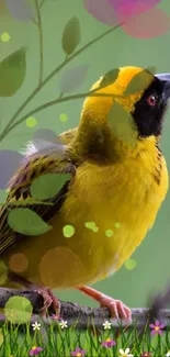 Vibrant yellow bird perched on branch with floral elements.