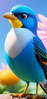 Blue bird with vibrant flowers on a sunny day.