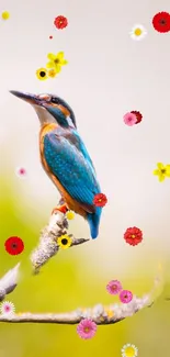 Colorful bird perched on a floral branch against a bright background.