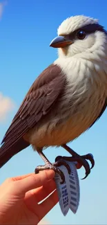 Vibrant bird perched on a hand against a bright sky, showcasing its colorful feathers.