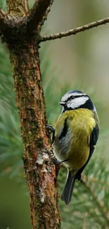 Bird perched on a green pine tree branch