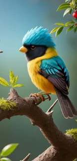 Colorful bird perched on a branch with foliage and red berries in nature scene.