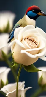 A colorful bird sits on blooming white roses against a blurred background.