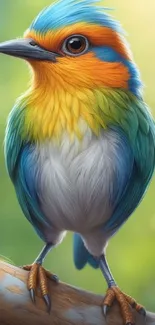 Vibrant and colorful bird on a branch with gradient blue-green background.