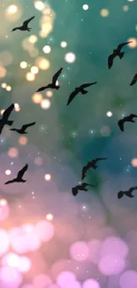 Vibrant bokeh wallpaper with flying birds silhouettes enhanced by soft colors.