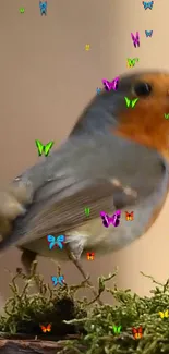 Bird standing on moss with vibrant butterflies around.