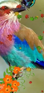 Vibrant bird perched with colorful leaves and butterflies, adorned with flowers.