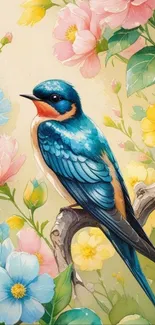 Blue bird perched with colorful flowers in the background.