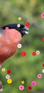 Colorful bird on branch with scattered flowers.