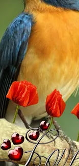 Colorful bird on branch with red flowers and love design.