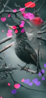 Bird sitting on branch with vibrant pink and purple hearts.