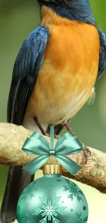 Colorful bird perched with an ornament hanging.