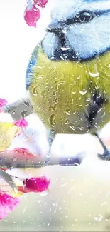 Blue and yellow bird with raindrops on pink blossoms.