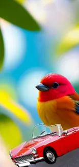 Colorful bird and red car in nature-inspired mobile wallpaper.