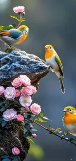 Vibrant birds and pink flowers on rocky perch wallpaper.