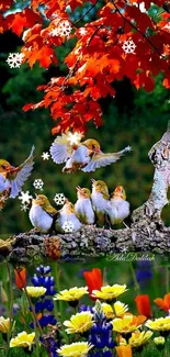 Bright birds and autumn leaves wallpaper.