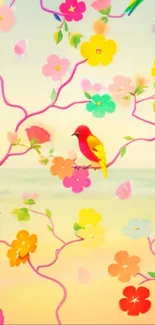 Colorful birds perched on bright blossoms with a serene background.