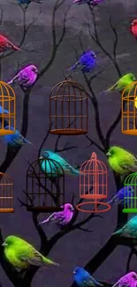 Vibrant mobile wallpaper with colorful birds and cages on a dark tree backdrop.