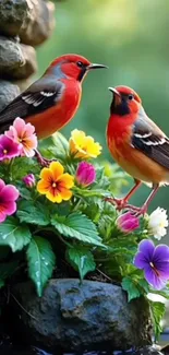 Two colorful birds among vibrant flowers