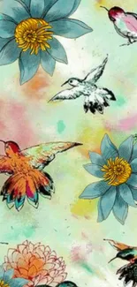 Vibrant watercolor wallpaper with flowers and hummingbirds.