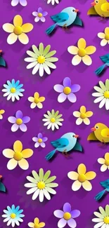 Colorful birds and flowers on a purple wallpaper background.