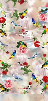 Wallpaper of colorful birds and roses with a blush backdrop.