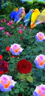 Colorful birds sitting above a garden of roses.