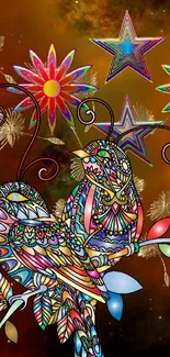 Intricate colorful birds and stars wallpaper in vibrant design.