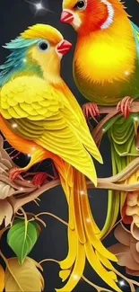 Vibrant illustration of colorful tropical birds on branches.