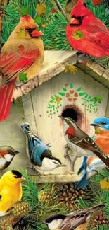 Vibrant illustration of colorful birds perched on and around a birdhouse.