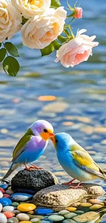 Colorful birds on rocks by serene lake with flowers.