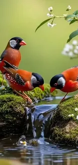 Colorful birds by a waterfall surrounded by greenery and flowers.