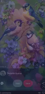 Colorful birds among flowers mobile wallpaper.