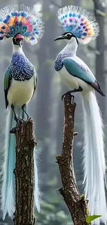 Colorful birds with vibrant feathers perched on tree branches in a misty forest.