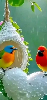 Two colorful birds on heart-shaped branch with raindrops.