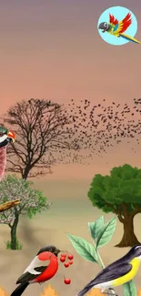 Colorful birds with trees on a pastel sky backdrop.