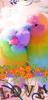 Colorful lovebirds with flowers on pink background.